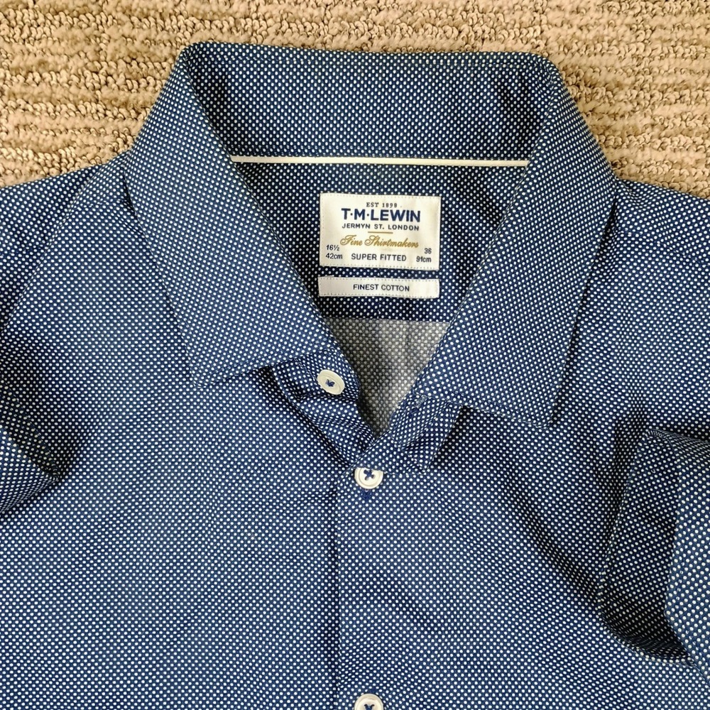 TM Lewin Dress Shirt Mens 16.5 36 Super Fitted Polka Dot Blue White Cotton